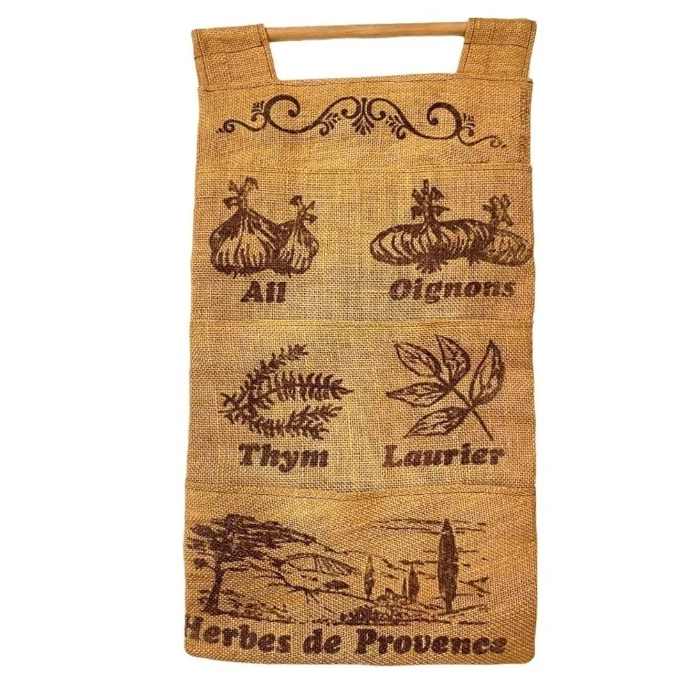 Vintage handmade printed burlap wall hanging organizer